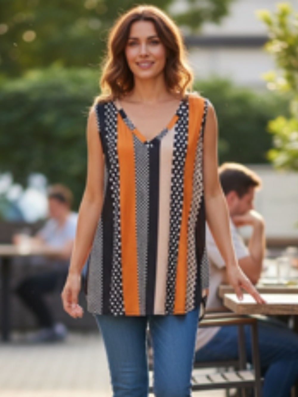 Xieerduo Mixed Vertical Stripes Polka Dot Accents Sleeveless V-Neck Top Size XXL